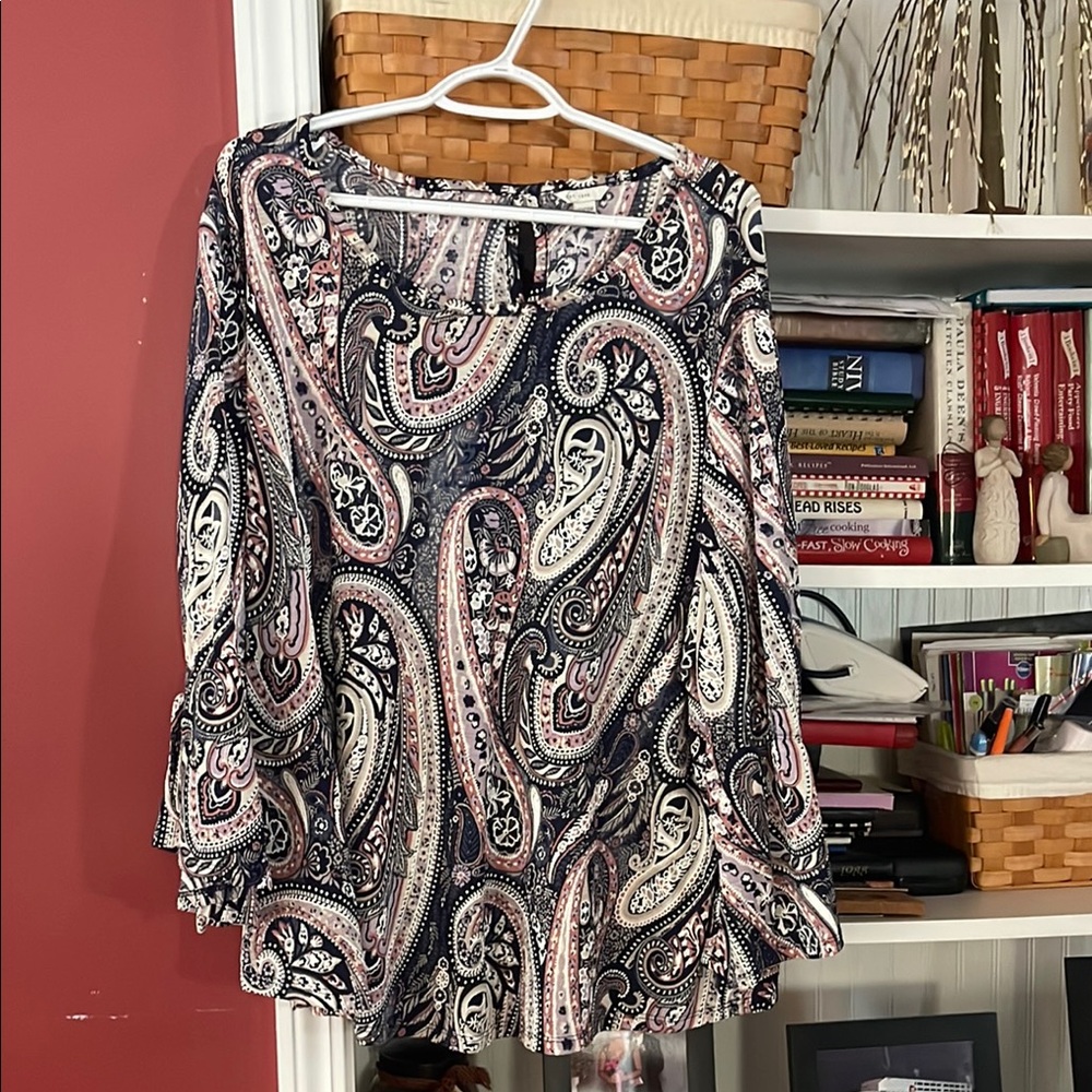 Cato Blue and White Paisley Bell Sleeve Blouse